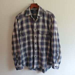 Lands' End Button Down Flannel Shirt XL Blue Plaid 100% Cotton
